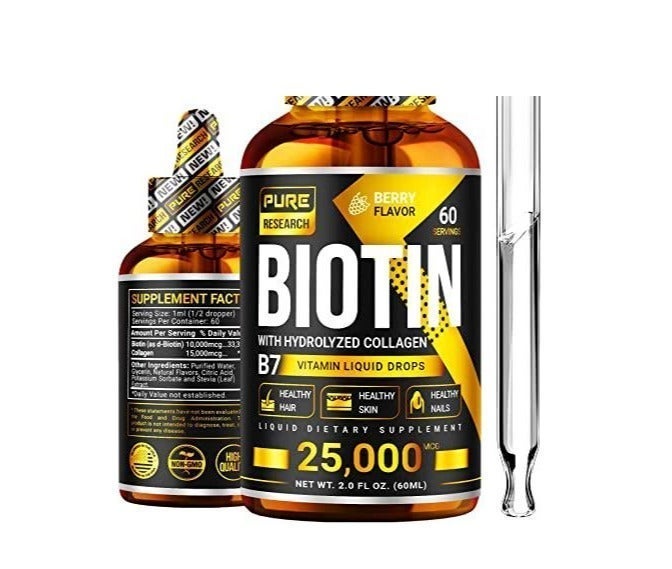PURE RESEARCH Biotin Hydrolyzed Collagen Peptides B7 Liquid vitamin drops 2fl oz 60ml - Image 1